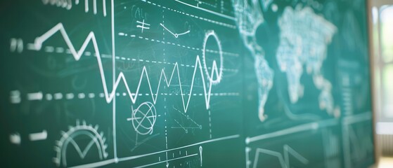 Obraz premium A background featuring a chalkboard with graphics related to investment and mathematics, showcasing formulas and calculations in a clean, academic style