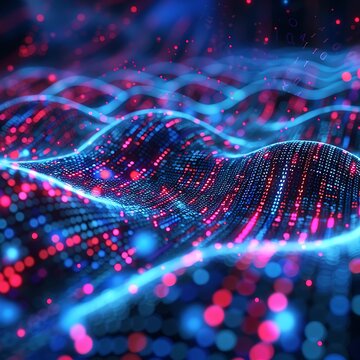 Futuristic digital landscape with vibrant neon lights creating a mesmerizing abstract data visualization of wave patterns. 3D Illustration.