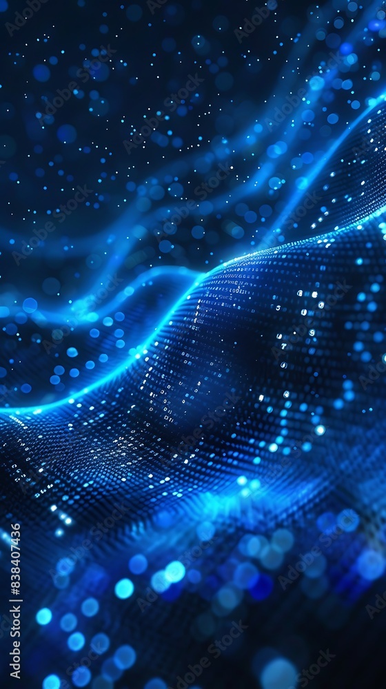 Poster futuristic digital wave particles in blue, representing data flow and modern technology concepts. pe