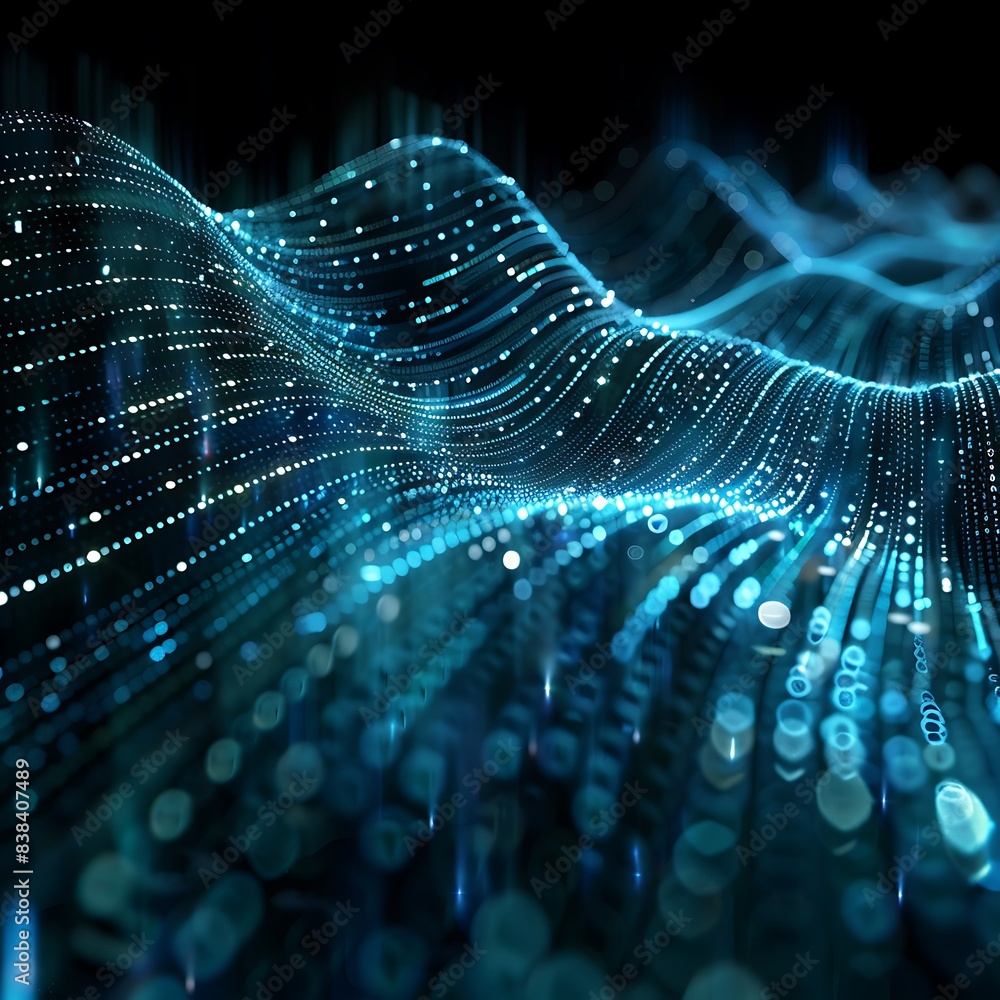 Poster futuristic digital wave with glowing data particles representing technology, artificial intelligence