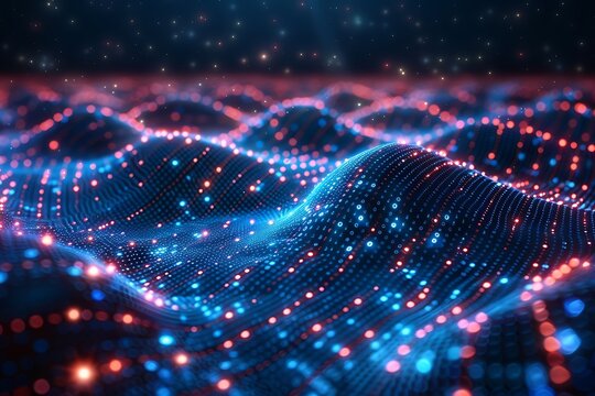 Futuristic digital wave pattern with glowing dots, abstract technology background with vibrant blue and red colors 3D Illustration.