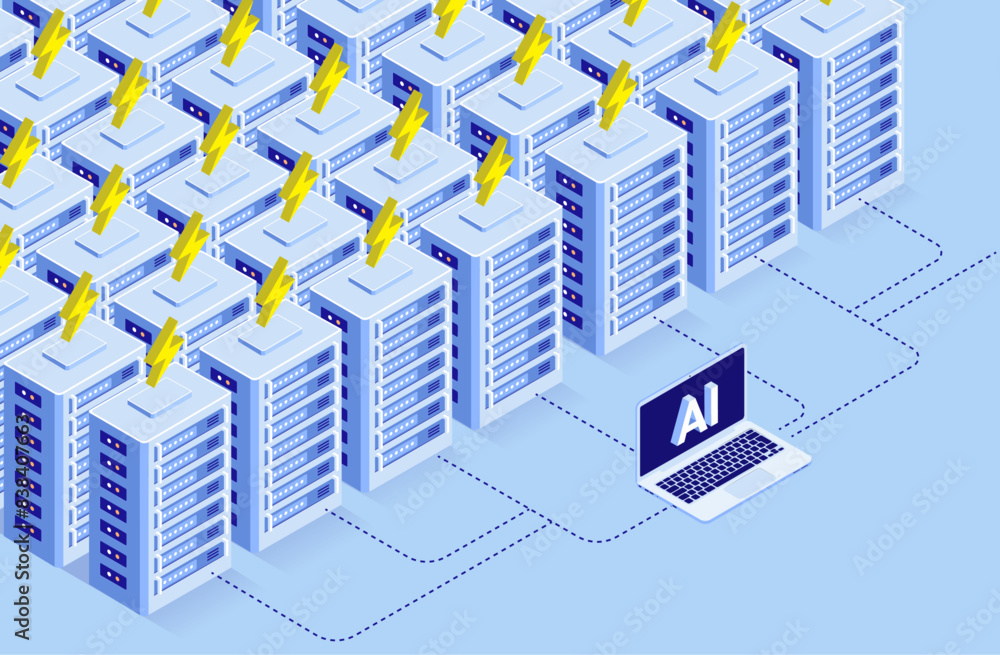 Aufkleber Ai electric energy and power consumption use - Artificial intelligence on laptop computer using excessive amounts and lots of data server park capacity, in flat design vector graphic illustration