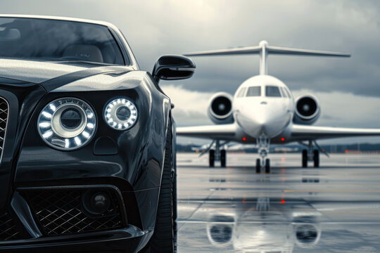 View of black luxury limousine car with private white jet in the background at the airport, private luxury escort
