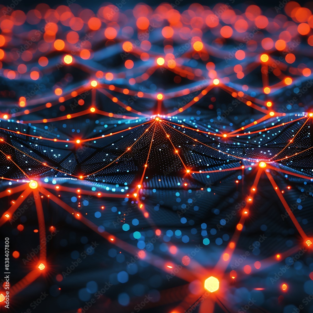 Poster futuristic network visualization with glowing nodes and connections, representing data flow, technol