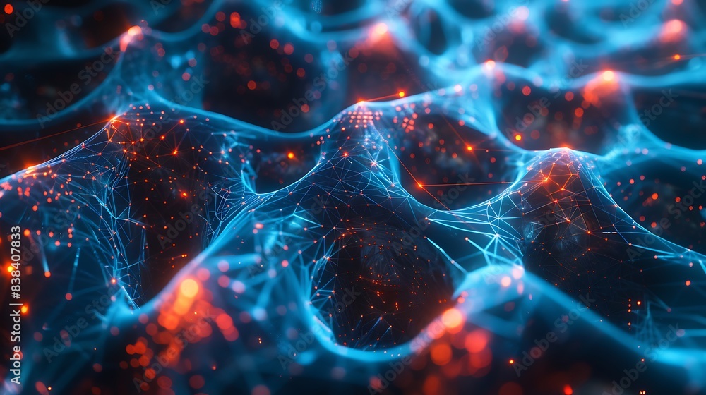 Poster futuristic neural network concept with glowing connections and digital data points, conveying advanc