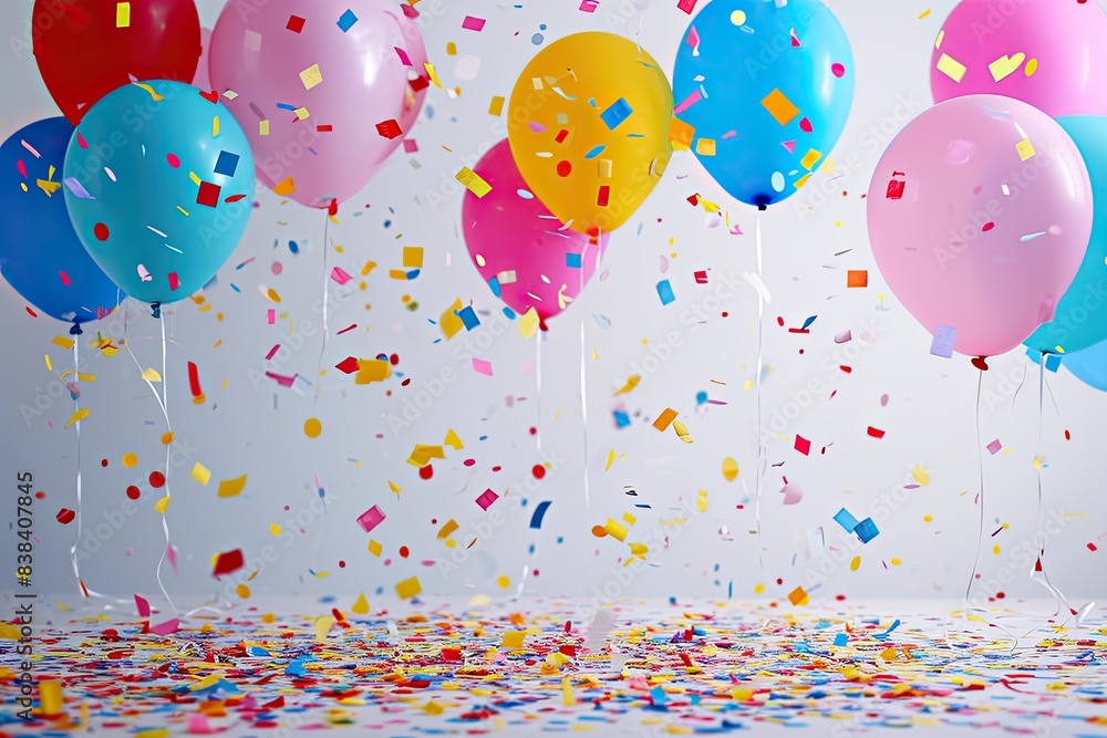 Poster a bunch of balloons with confetti falling from them, a bunch of balloons with confetti falling from them, lively birthday scene with balloons and joyful confetti