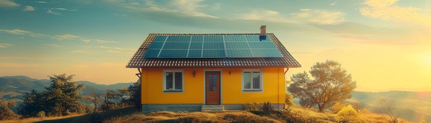 Fototapeta premium A yellow house with solar panels on the roof