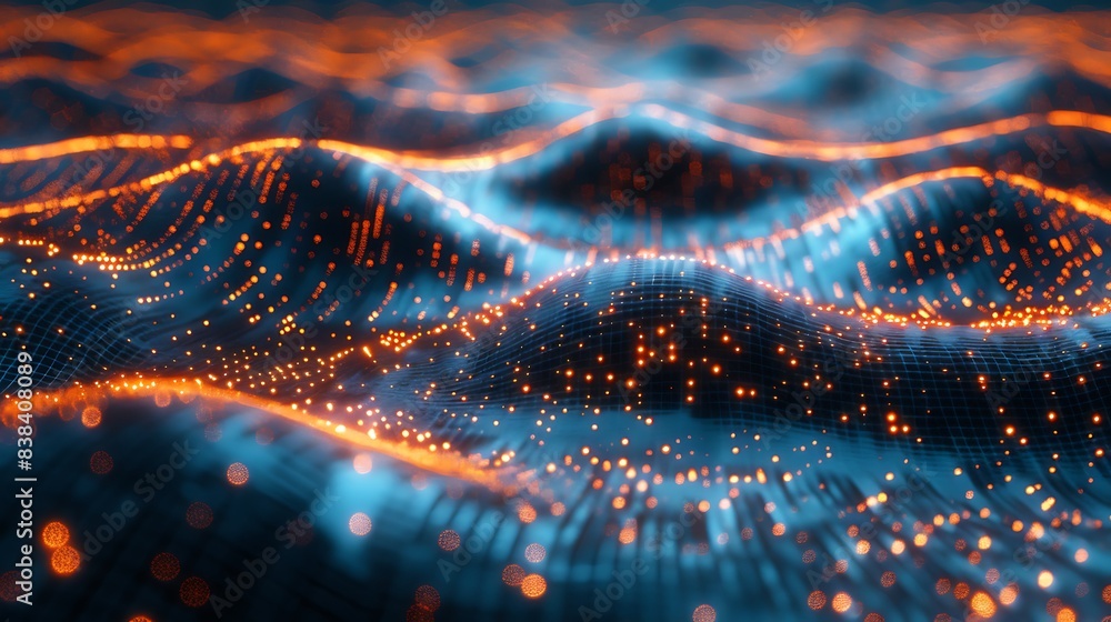 Poster stunning visualization of glowing data points forming dynamic waves in a digital landscape, represen