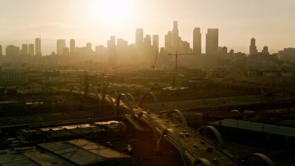 Aerial 4K image: Drone Shot of the Modern Sixth Street Viaduct Across Los Angeles River
