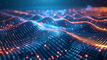 Fototapeta premium Vibrant, abstract digital waveforms with glowing particles. Futuristic tech theme highlighting data flow and modern technology. 3D Illustration.