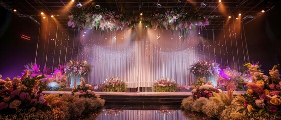 A futuristic bridal expo showcasing a stage decorated with soft, floral arrangements, blending traditional elegance with modern design