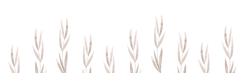 Plant silhouettes. Grass border. Brown tone. Watercolor texture. Ideal for decorating fabrics, wallpaper, dishes and other products. White background