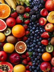 vue verticale d'un assortiment de fruits et fruit secs sur un plan de travail dans une cuisine, espace pour texte hyper realistic 