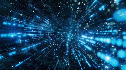 Fototapeta premium A futuristic computer screen showcasing blue binary data streams, with glowing lines and dynamic animations representing the flow of information in a hightech digital environment