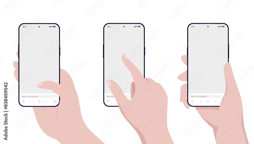 Leinwandbilder Vector phone and hand mockup collection - Set of template illustrations with hands using smartphones interacting with blank empty screen in front view flat design on white background