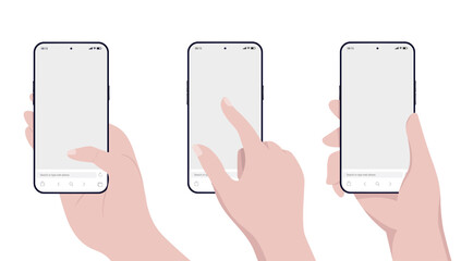 Vector phone and hand mockup collection - Set of template illustrations with hands using smartphones interacting with blank empty screen in front view flat design on white background