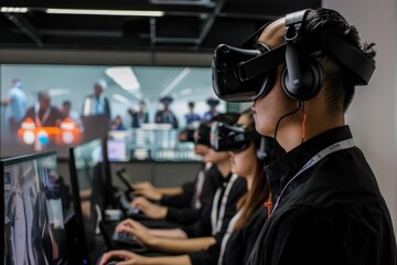 A futuristic cybersecurity training session held in a virtual reality environment, immersing employees in realistic scenarios