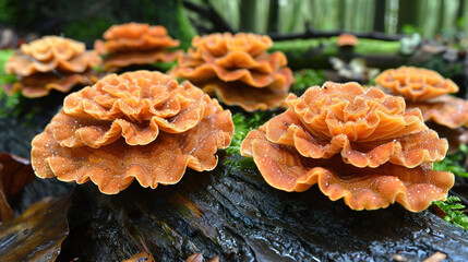   A collection of orange fungi resting atop a green lawn surrounded by a lush, leafy landscape