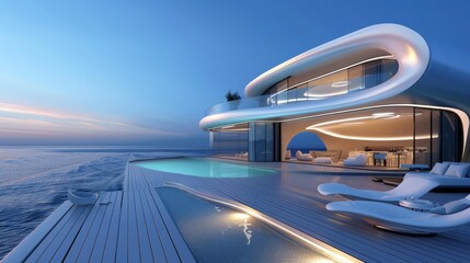 Fototapeta premium A futuristic luxury house with a sunbathing deck and private swimming pool, offering a panoramic sea view, with sleek, modern design and advanced amenities