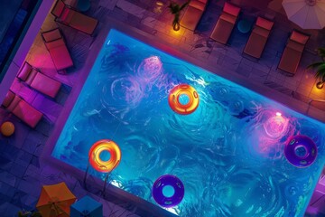 Fototapeta premium A futuristic overhead view of a summer swimming pool featuring innovative, glowing pool floats and vibrant colors, adding a hightech, playful touch