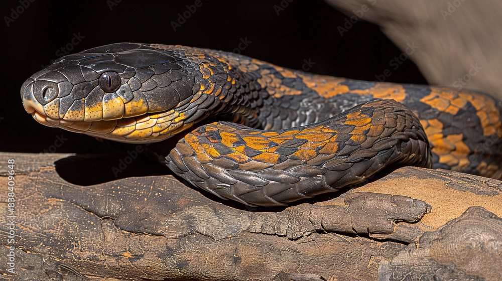 Sticker   A close-up image of a black and orange snake on a tree branch with its mouth open and tongue out