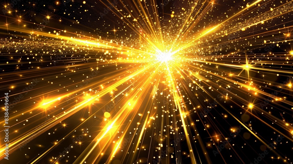 Poster abstract golden light rays and stars exploding outward on a black background