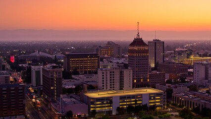 4K Ultra HD Aerial Establishing Shot of Fresno, California at Sunrise in Autumn
