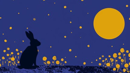 A Silhouetted Rabbit Gazes at a Large Yellow Moon in a Night Sky Filled with Scattered Yellow Circles Representing Stars or Fireflies