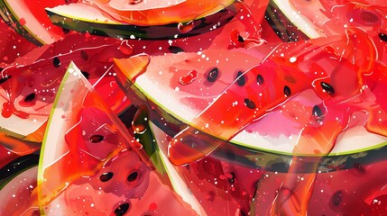 Collage of watermelon slices, summer fruit, watercolor style, vivid and artistic, photorealistic, surreal, double exposure, playful backdrop