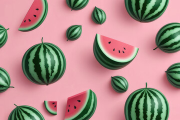 Juicy ripe flying watermelon, watermelon slices and green leaves isolated on soft pink background.