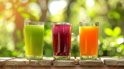 Fototapeta premium Colorful fruit juices in clear glasses on wooden table, blurred garden background. Ideal for refreshing and healthy lifestyle themes