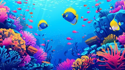 Fototapeta na wymiar Colorful tropical fish amidst coral reef, minimalistic and vibrant underwater scene. Perfect for marine biology and ocean beauty themes
