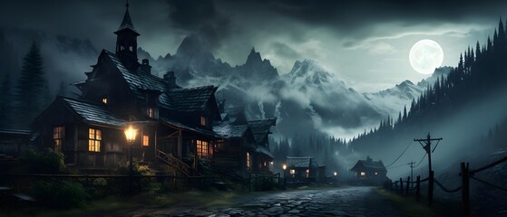 Panoramic view of old village in mountains at full moon night - Powered by Adobe