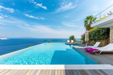 Fototapeta premium A luxurious summer scene featuring a sunbathing deck and private swimming pool near the beach, with a stunning panoramic sea view from a lavish house