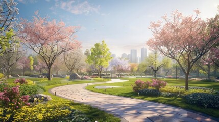 Obraz premium A springtime panorama of a park with vibrant, clean landscapes and futuristic features blending nature and technology seamlessly