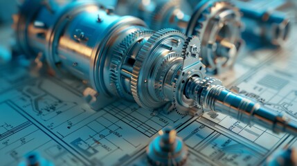 A surreal 3D rendering of blueprints and technical drawings of a mechanical gear
