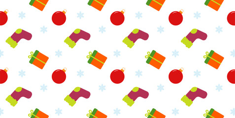 Seamless New Year pattern with Christmas tree balls, snowflakes, gifts on white background. New Year. Christmas. Fabric pattern. Packing paper. Vector illustration 