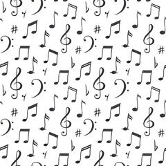 Seamless pattern of musical notes. Watercolor hand drawn illustration on white background. For fabrics, textiles, wallpaper on the theme of music, rock, jazz.