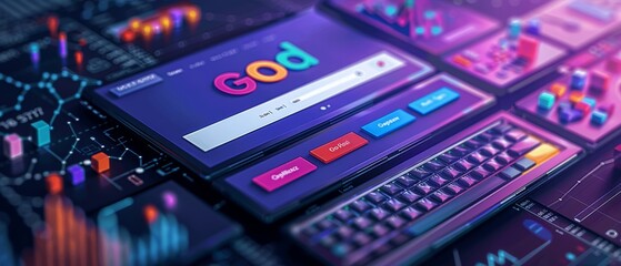 3D illustration of social media, SEO connections on a laptop screen.