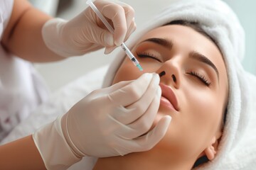 Beautiful woman getting Botox or dermal filler facial treatment in a beauty salon