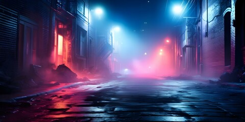 Neon spotlights illuminate a dark empty alley with drifting smoke. Concept Film Noir, Neon Lights, Urban Setting, Mysterious Vibe