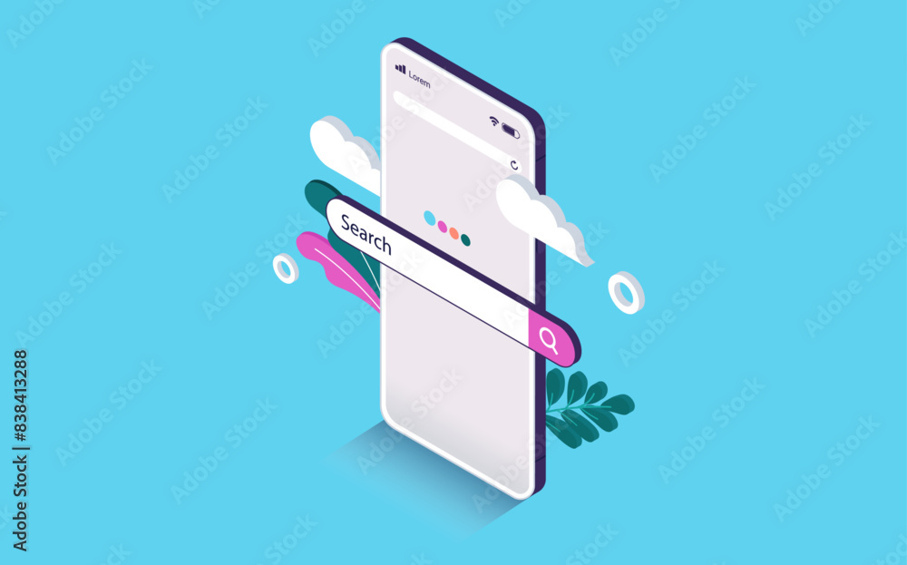 Aufkleber Searching on internet with mobile phone -  Smartphone screen with search bar field popping out. Online search engine concept in isometric vector illustration with clouds and light blue background