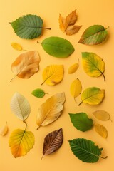 Obraz premium Flat lay composition made of leaves different sizes ,shapes and colors gradient from yellow to green. Minimalistic autumn background.