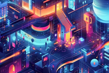 A visionary illustration showing a small business thriving by mastering local SEO, set in a dynamic, futuristic environment