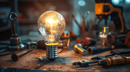 A workshop scene featuring a bright light bulb glowing brightly, symbolizing a bright idea for business growth and innovation, with tools and materials scattered around