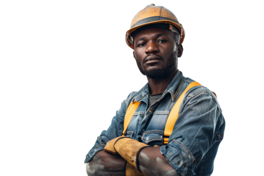 An African American man in construction attire poses against a white backdrop.