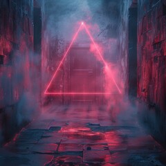 Triangles of bright, smoky neon lights illuminate the room, creating an atmosphere of mystery and magic, adding to the futuristic look. symbolizes or new adventures in the future