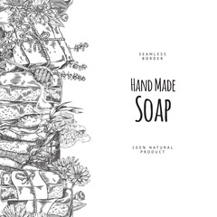 Vector illustration of a frame with a seamless border depicting a sketch of handmade soap.