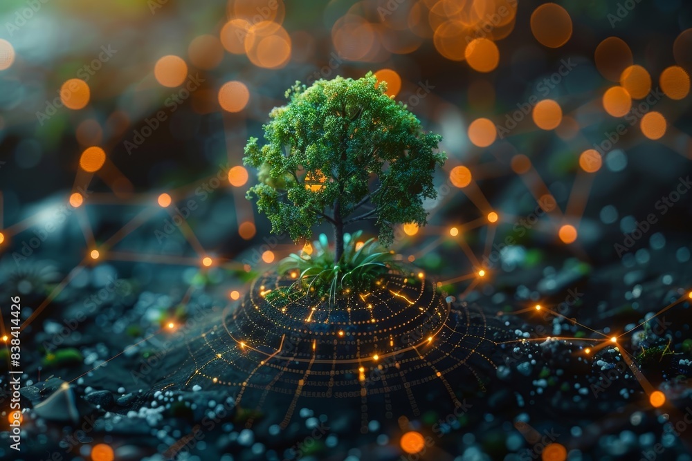 Poster a small tree surrounded by a network of glowing digital connections, symbolizing the fusion of techn