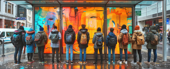 Vibrant graffiti on a bus stop's glass panels in an urban setting, with a group of people facing...